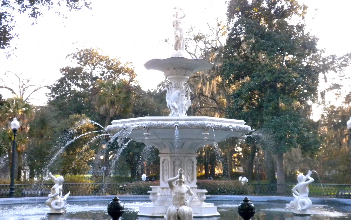 The Forsyth Park fountain in Savannah’s Historic District, with live oaks and Spanish moss behind it